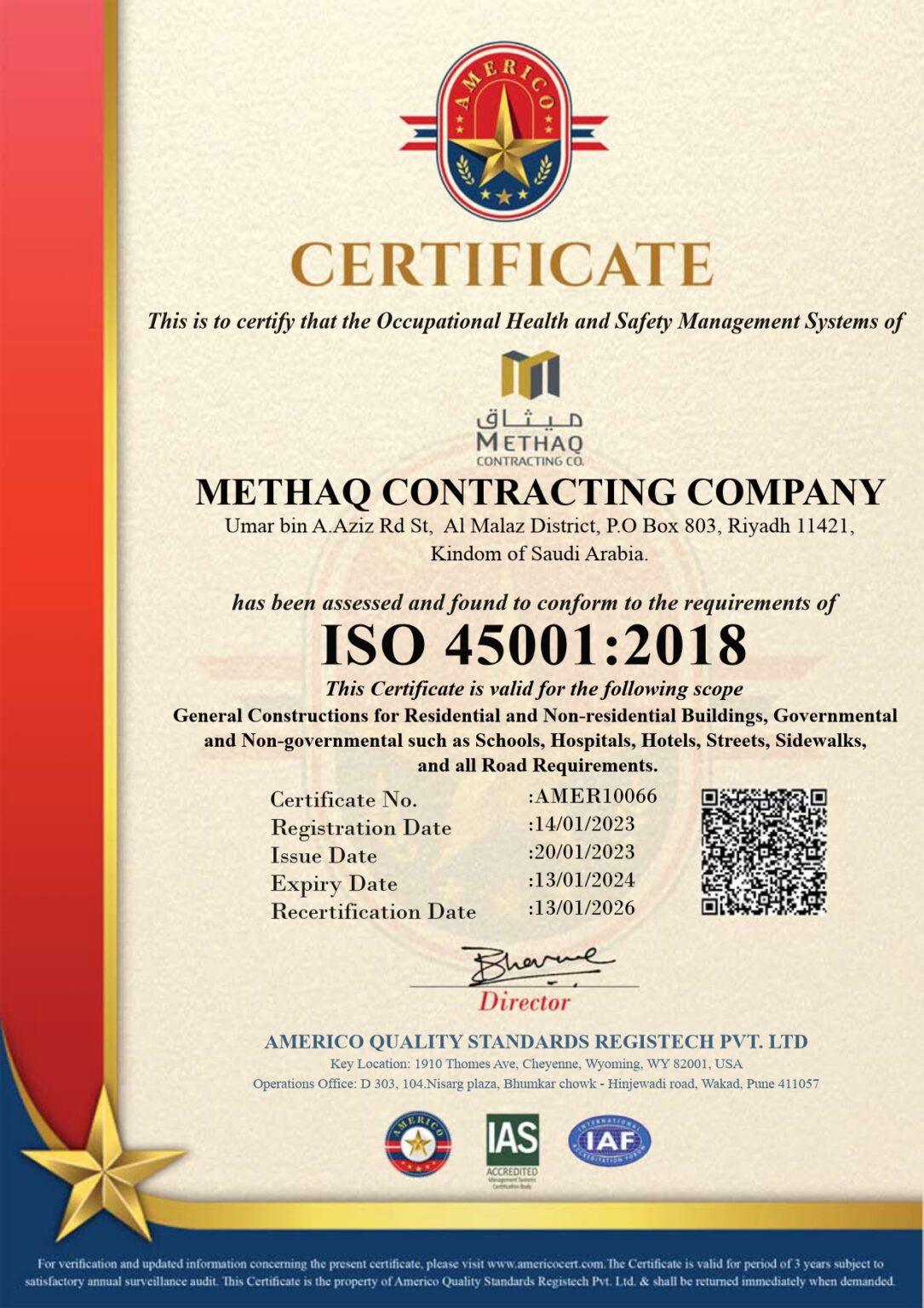 Certificates Methaq Contracting Co